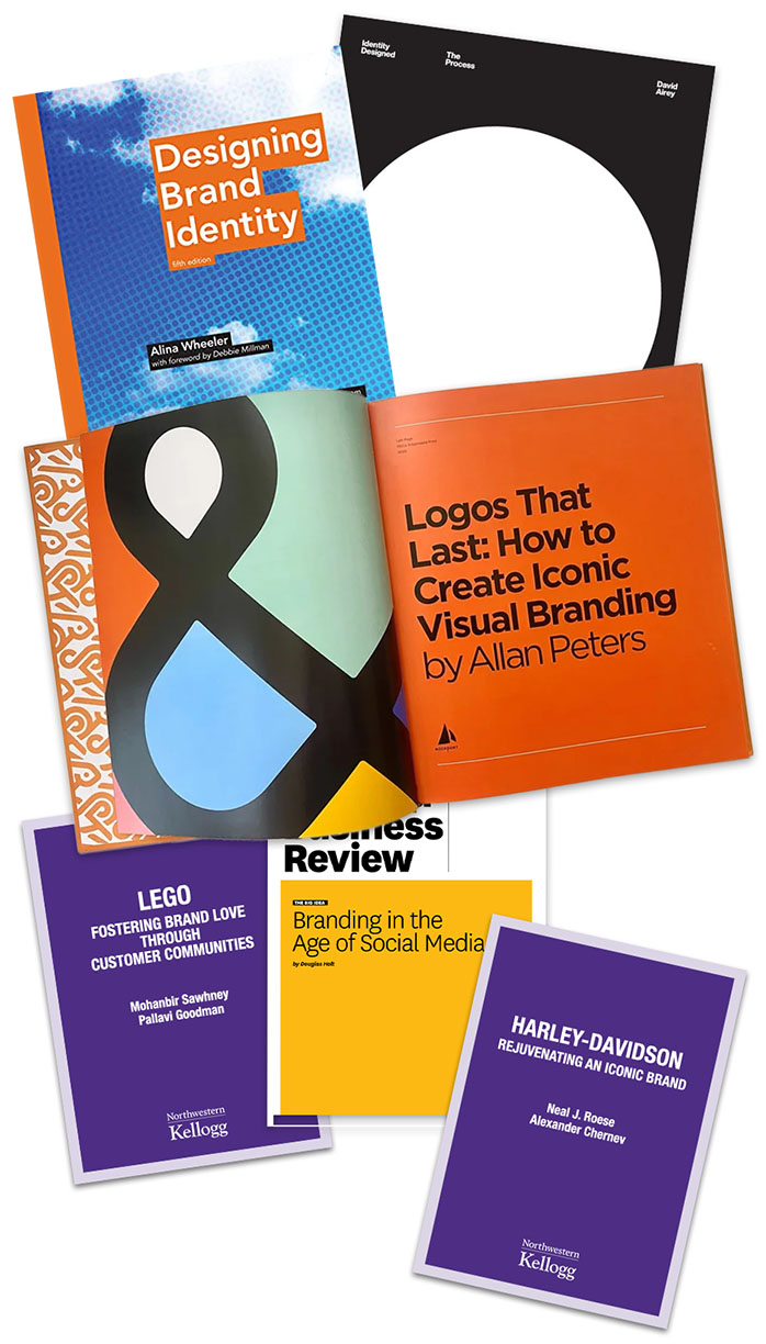 a group of scattered books about branding and identity design
