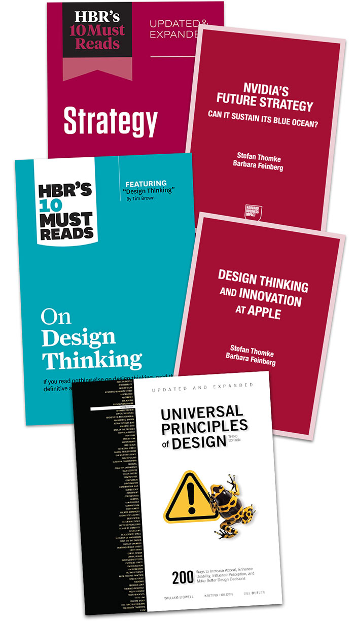 five book and article covers: Strategy, On Design Thinking, Design Thinking and Innovation at Apple, NVIDIA’s Future Strategy, and Universal Principles of Design