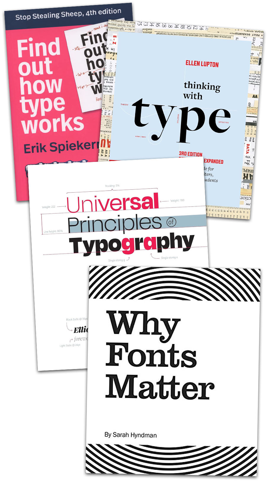 a group of scattered books, including 'Stop Stealing Sheep, 4th Edition', 'Thinking with Type', 'Universal Principles of Typography', and 'Why Fonts Matter'